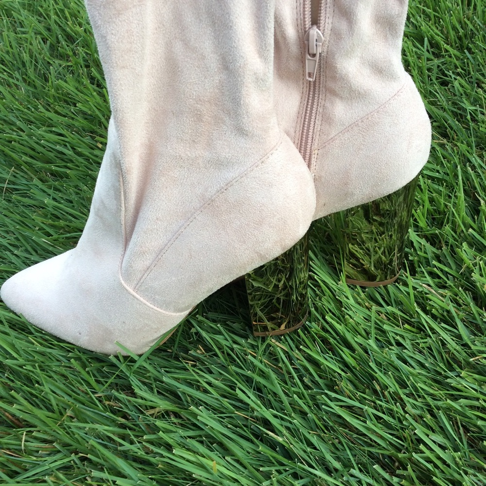 Cream thigh high boots with gold heels